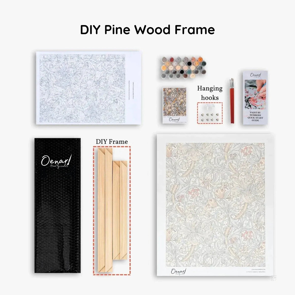 Oenart, whats included in our Paint by numbers kit - DIY Frame Version
