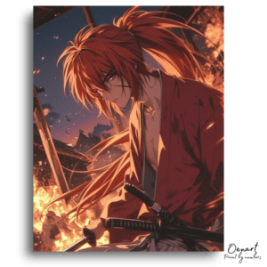 Crimson-Haired Samurai Amidst Flames - Paint by Numbers Kit