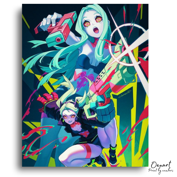 Energetic Neon Gun-Wielding Duo - Paint by Numbers Kit