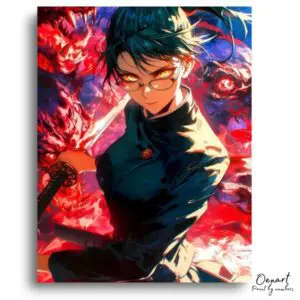 Fiery-Eyed Swordswoman Amidst Demons - Paint by Numbers Kit
