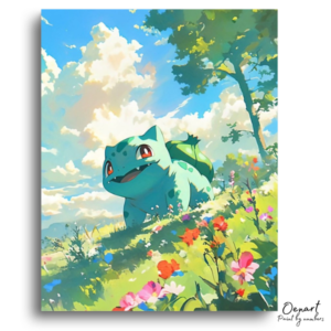 Happy Green Creature in Field - Paint by Numbers Kit