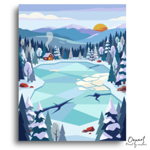 Snowy Cabin Lakeside Glow - Paint by Numbers Kit